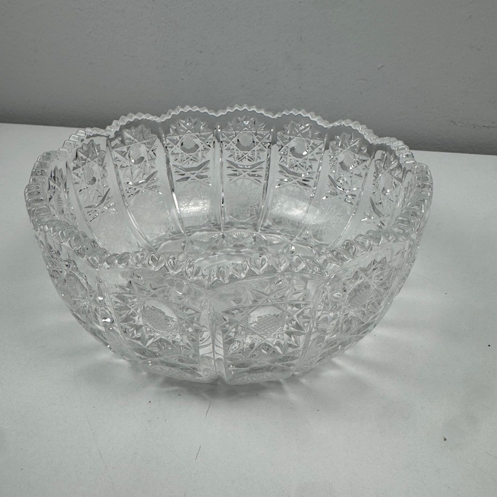 Vtg Clear Cut Glass Fruit Bowl Pinwheel Star Pattern Scalloped Sawtooth Rim